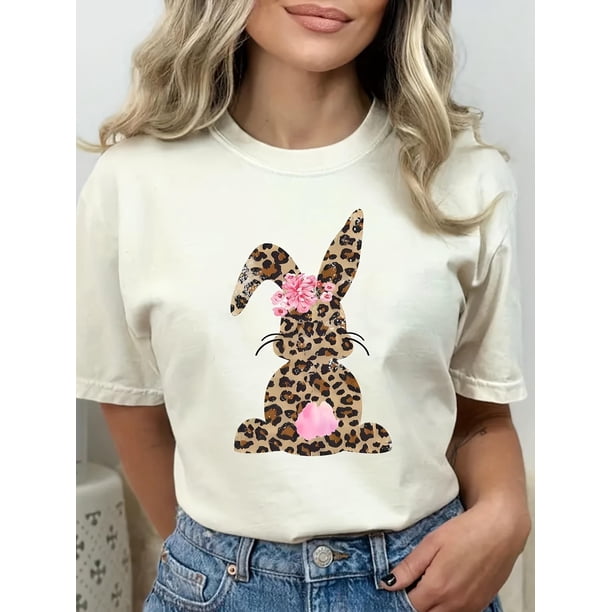 Camiseta con estampado floral y de conejito de Pascua para mujer. Cuello redondo informal, manga corta, mezcla modal, lavable a máquina. Ideal para primavera, verano y otoño. Para adultos, hombres y m