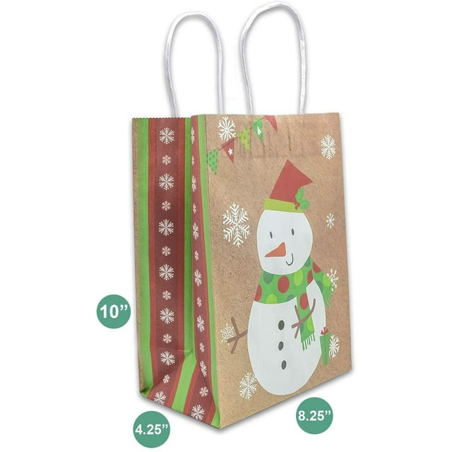 12-Pack Bulk Brown Kraft Paper Gift Bags w. Handles (10" Medium, Snow Man) - for Party, Events, Retail Shops & Stores by TheDisplayGuys