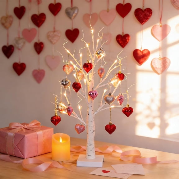 Romantic Heart-Shaped Birch Tree Lamp, 25-Inch Lighted Tabletop Tree with Warm LED Lights & Hanging Hearts, Perfect for Valentine's Day, Holiday, or Year-Round Indoor Decor