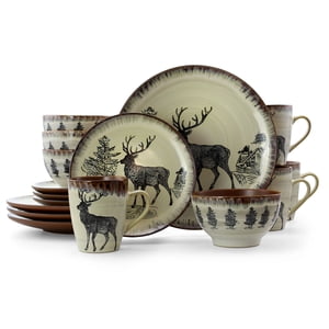 Elama Majestic Elk 16-Piece Stoneware Dinnerware Set, Taupe