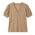 thumbnail image 4 of Ayolanni Short Sleeve Summer Women Blouses Solid V-Neck Patchwork Collarless Blouse Dressy Puff Oversized Outdoor Tees Summer Tops Brown L, 4 of 7