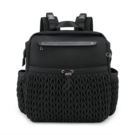Quilted Diaper Bag, Waterproof Mom Backpack, Multi-pocket Backpack for Travel Shopping Work, Black