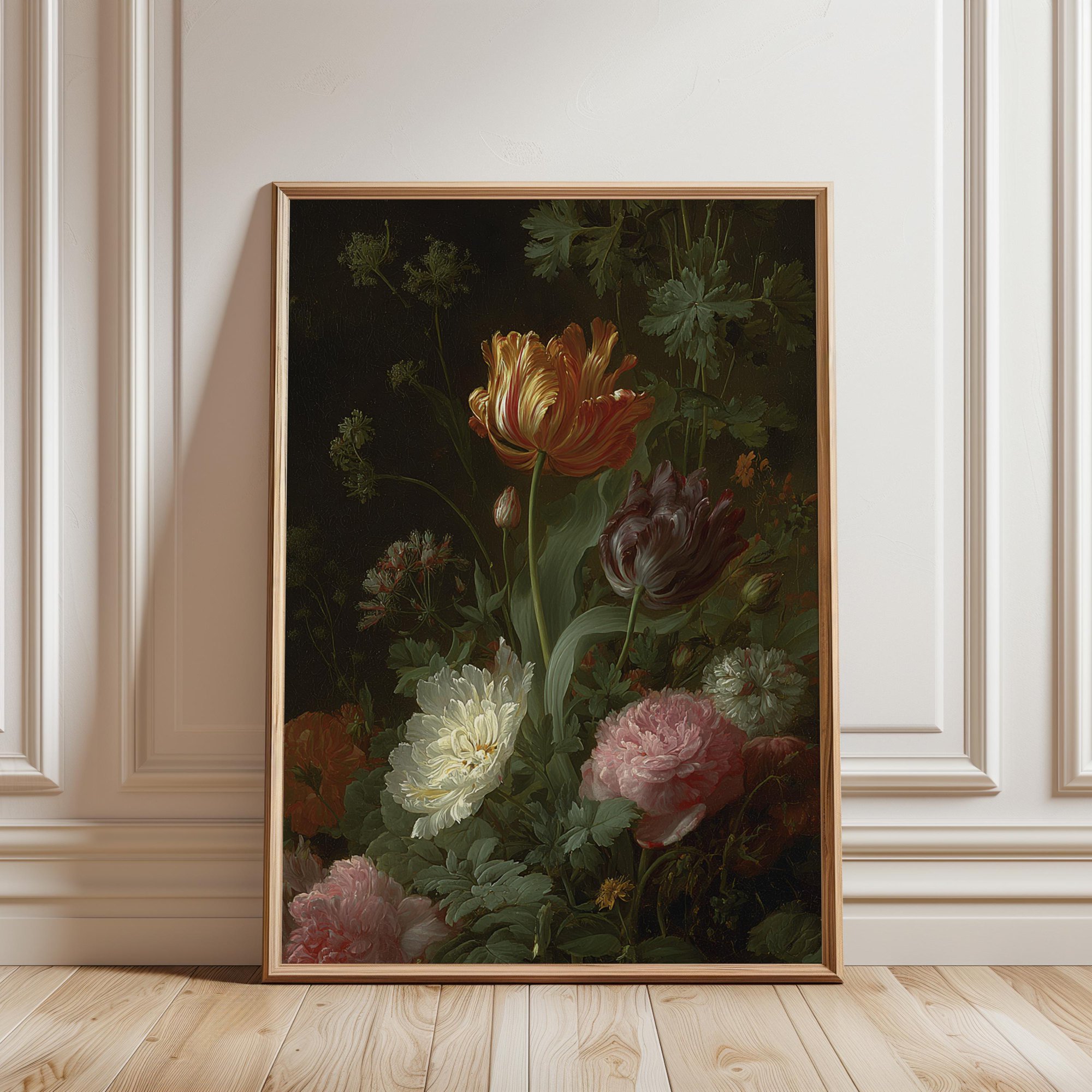 Vintage Floral Wall Decor Print Golden Tulip Peonies Dark Garden Botanical Composition