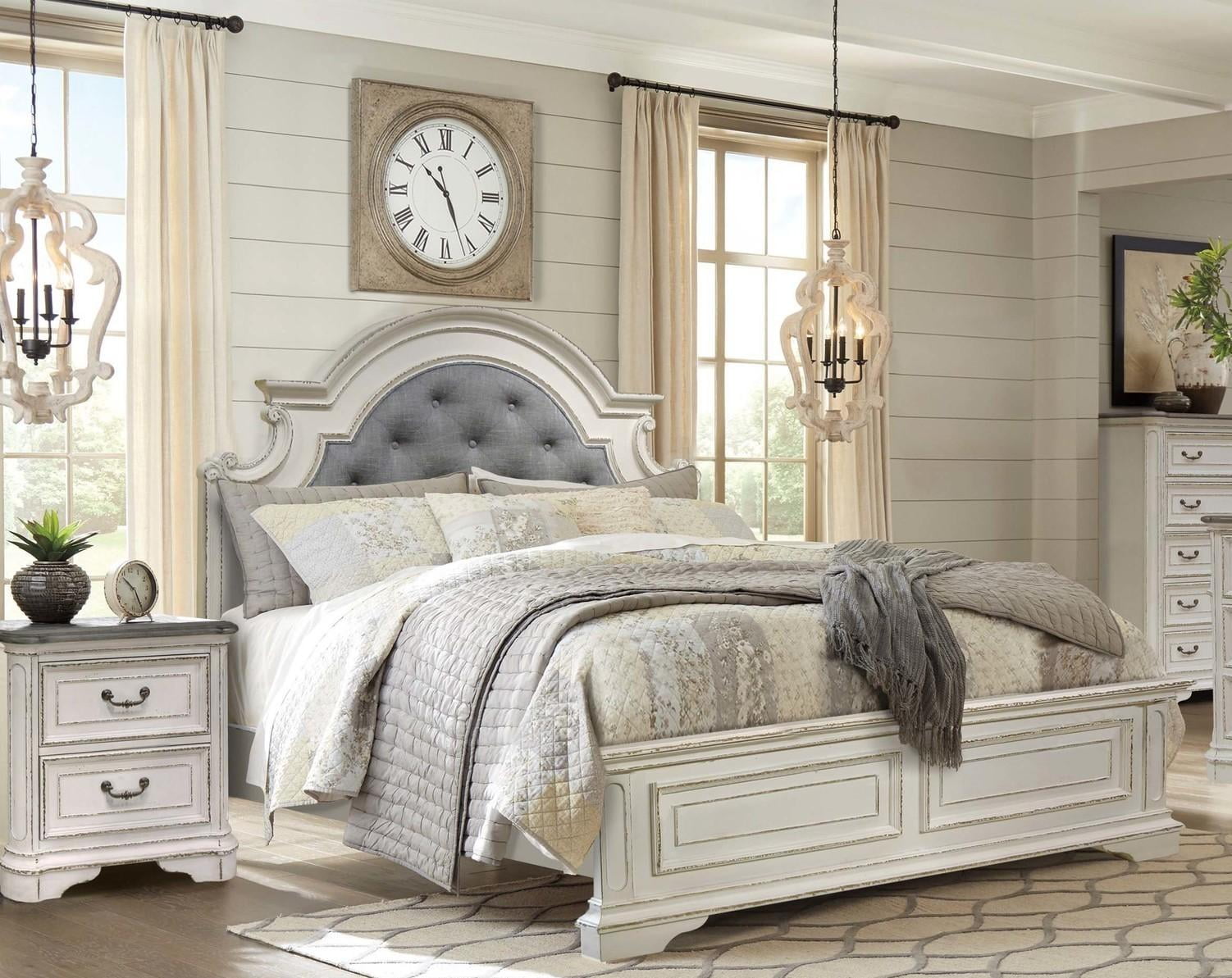 Country Distressed Whitewash Tufted Queen Bedroom Set 3Pcs McFerran