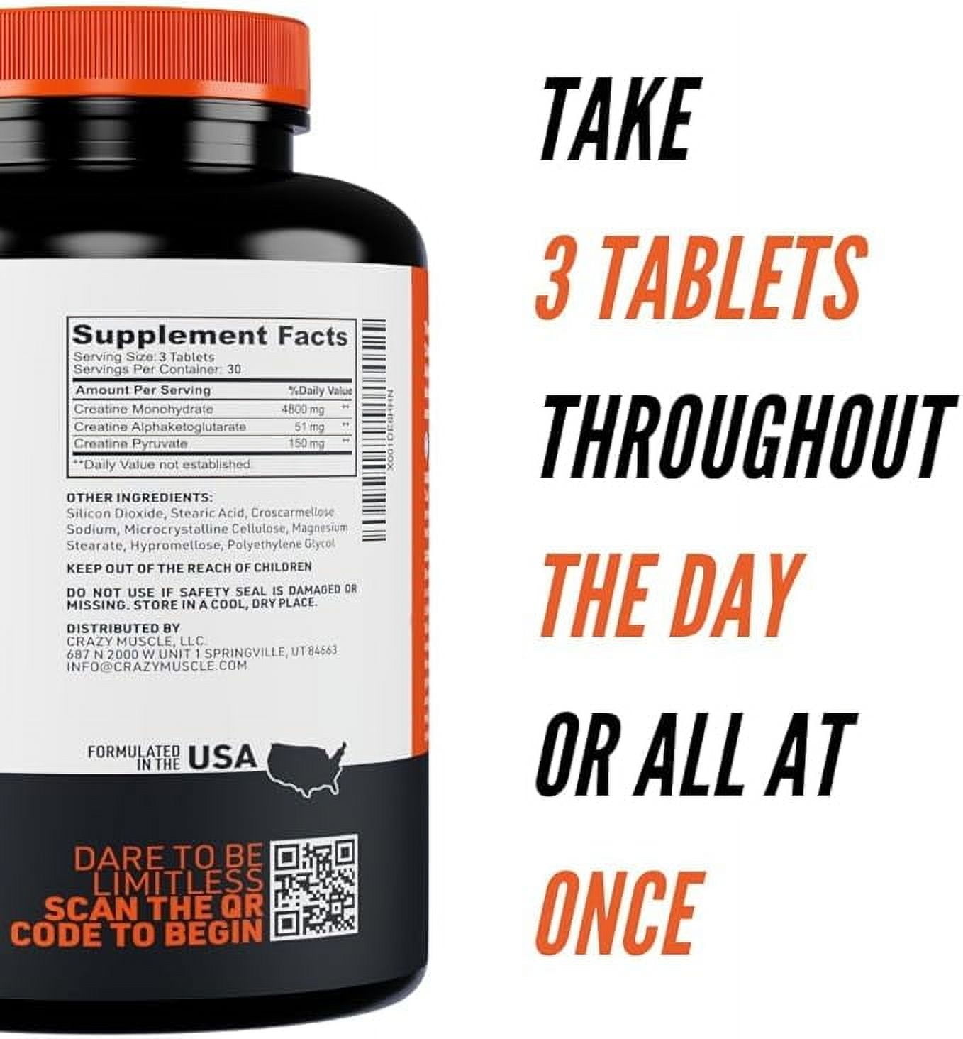 Crazy Muscle Creatine Monohydrate Pills, Premium 3 Type 5g Creatine Pills, Pre/PostWorkout & Keto Energy Builder, Easy to Take Three-Atine for Optimum Performance Men Women, 90 Tablets