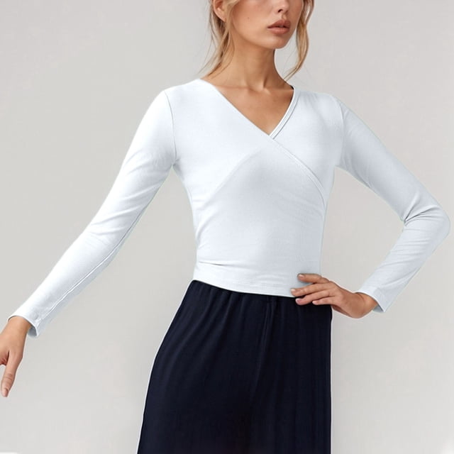 MHFRRA Camisetas de Mujer para Uso Diario, Cuello En V, Manga Larga con Diseño de Lazo, Estilo Casual y Cómodo para Todas Las Estaciones, para Bailar y Actividades de Ocio. Blanco