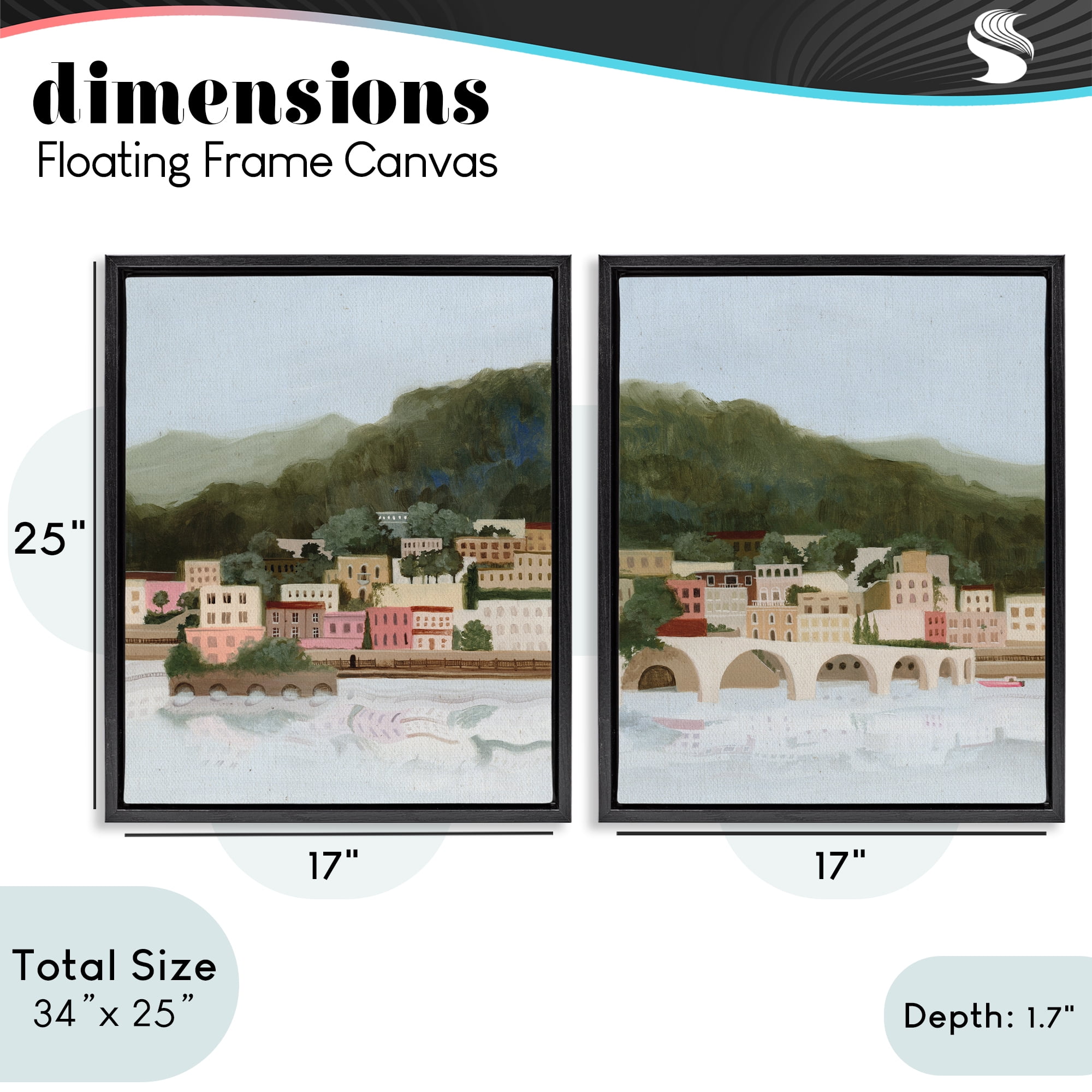Stupell Industries Mountain Town by Sea 2 Piece Black Framed Floater Canvas Set, design by Grace Popp