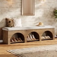thumbnail image 3 of Finmind 63" Upholstered Entryway Bench with Arched Frame, 2-Tier Farmhouse Shoe Bench Ottoman with Shelf, for Bedroom, Hallway, Foyer, Dark Brown, 3 of 9