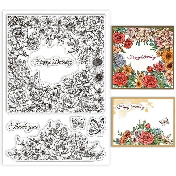 Floral Background Clear Stamps for DIY Scrapbooking Butterflies Flowers Silicone Stamp Seals Transparent Stamps 6.3×4.33inch