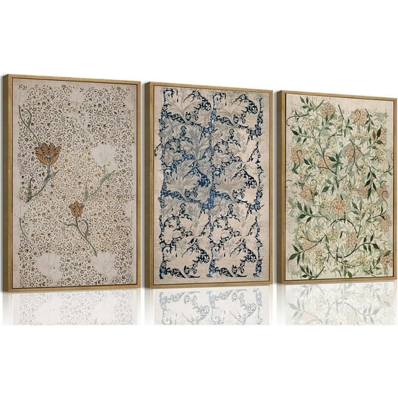 FCCUYE Framed Wall Art William Morris Botanical Flower Canvas Wall Art Set of 3, William Morris Print Abstract Floral Artwork Farmhouse Rustic Decor for Living Room Bedroom 12x16 Inch