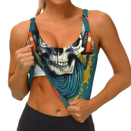 Qokaie Modern Hip-Hop Skull Pattern Womens Scoop Neck Sports Bra Breathable Workout Vest Padded U Back Medium Impact Fitness Gym Yoga Bra Workout Crop Top
