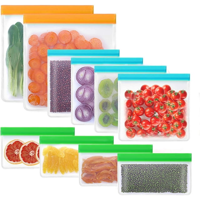 Sacs de Rangement Alimentaires Réutilisables - Lot de 10 Sacs Plats pour Congélateur Sans BPA (2 Sacs Gallon Réutilisables + 4 Sacs à Sandwich Réutilisables Étanches + 4 Sacs à Collation pour Enfants de Qualité Alimentaire) Sac à Lunch Refermable pour Viande Fruits Légumes