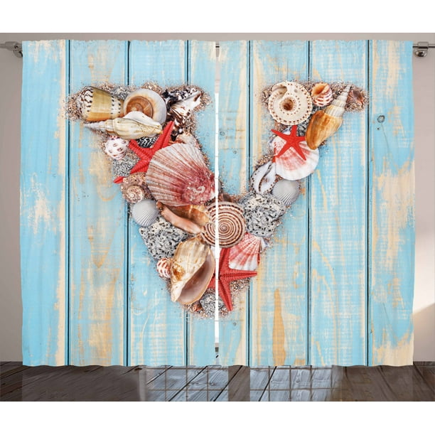 Letter V Curtains 2 Panels Set Nautical Abc With Beach Inspired Coastal Oceanic Marine Elements Window Letter V Curtains 2 Panels Set, Beach Inspired Curtains
