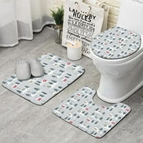 Gray Christmas House and Tree Pattern Bathroom Rugs Sets 3 Piece,Toilet Cover Set,Absorbent Non Slip Bathroom Mats Sets with U-Shaped Contour Rug Toilet Rug Set