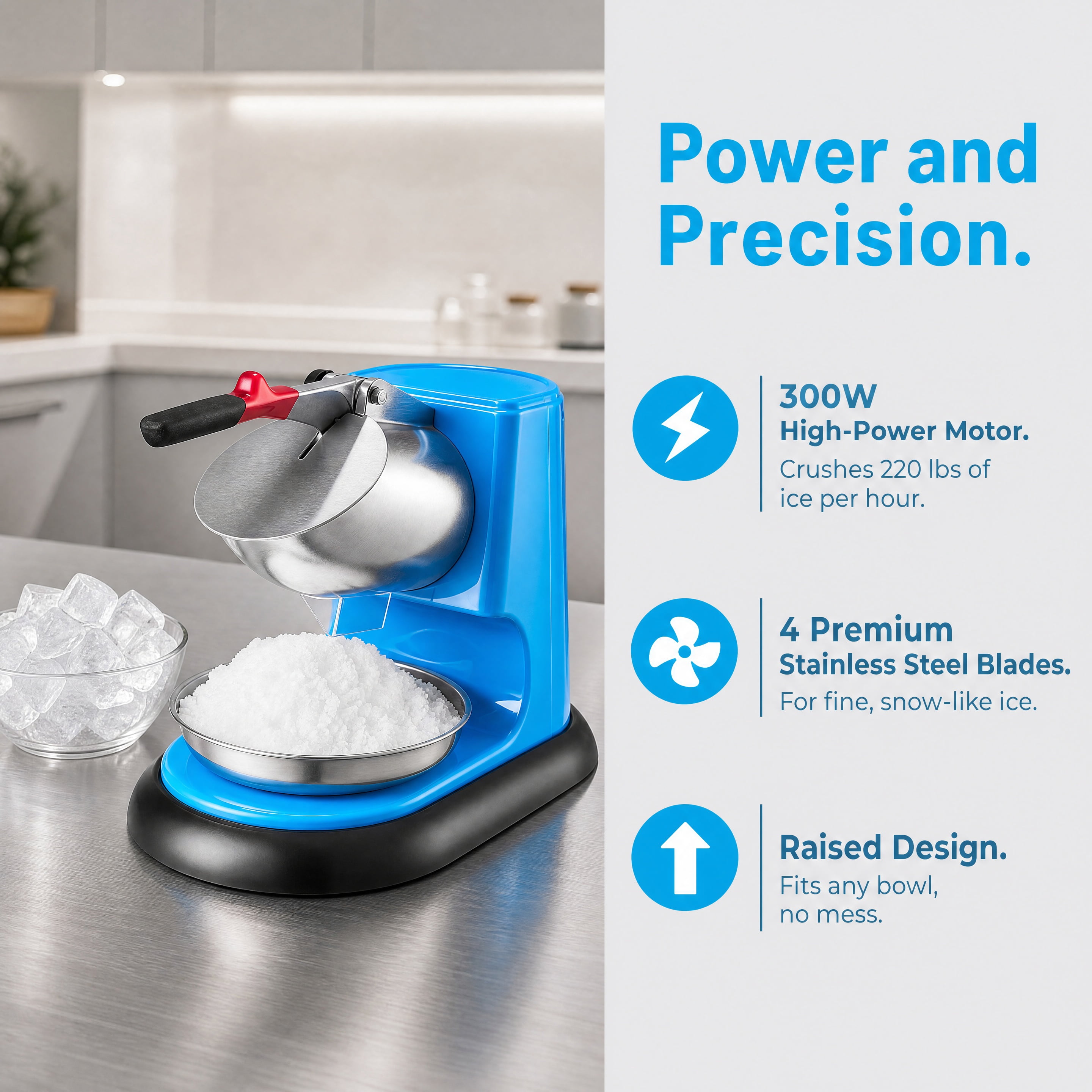 300W Commercial Electric Ice Crusher 220LBS/H Snow Cone Maker Shaved Ice Machine with 4 Stainless Steel Blades Anti‑Splash Design for Home Party Dessert Shop Blue