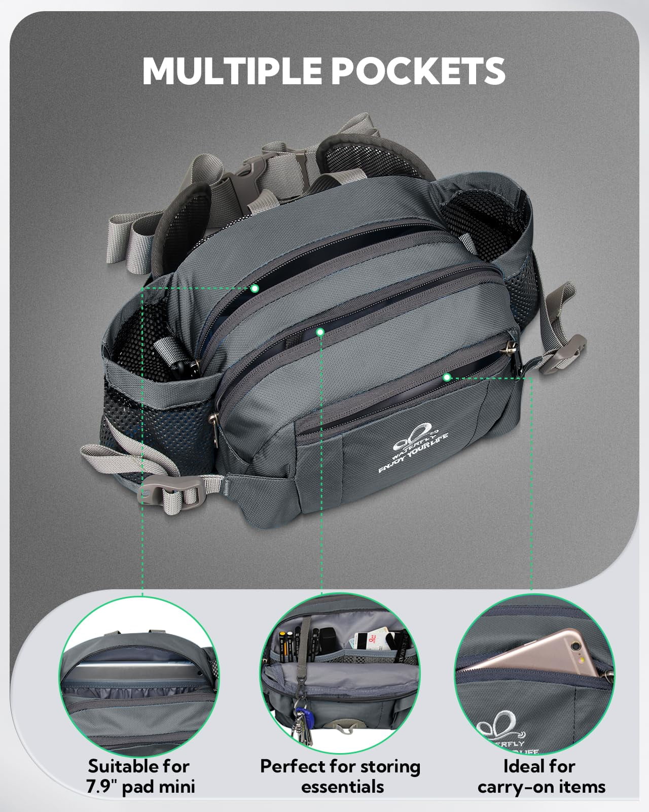 WATERFLY Unisex Large Capacity Hiking with Bottle Holder Nylon Fanny Pack Waist Bag,Gray