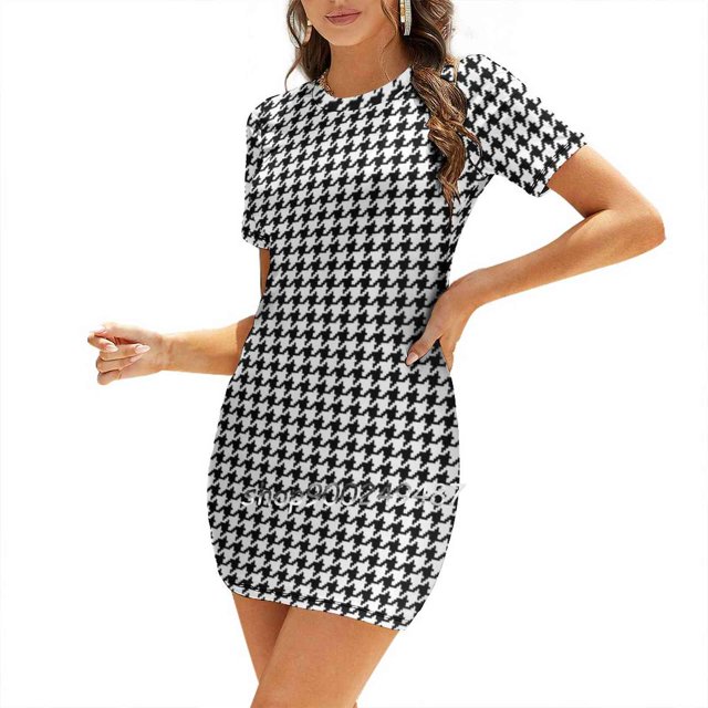 Robe Évasée Pied-de-Poule Col Carré Robe Élégante Mode Féminine Imprimée Motif Pied-de-Poule Fond Abstrait Texture