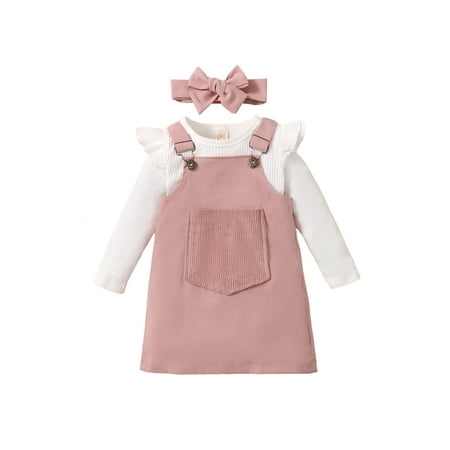 

Bmnmsl Kids Autumn Sets Solid Color Long Sleeves T-Shirt Overalls Dress Hair Band