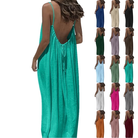 Elvqul Womens Sleeveless House Dress Roundneck Slip Dress Spaghetti Strap Plus Size Summer Flowy Long Dresses for Women Pullover