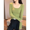 thumbnail image 5 of Women Long Sleeve Shirts Square Neck Tops Ribbed Knit Basic Crop Tops Fall Outfits Fashion Clothes Grass Green XL, 5 of 6