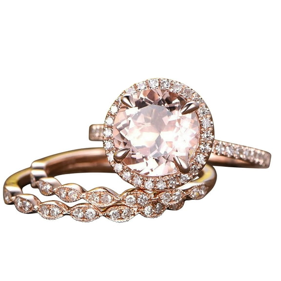 4.75 Carat 10mm Round Morganite Bridal Set 10k Rose Gold Diamond Moissanite Engagement Ring Halo Stacking Matching Band
