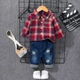 thumbnail image 2 of Boys Thanksgiving Outfit 9-12 Month Boy Clothes 2 Pcs Toddler Boy Clothes Plaid Button Down Shirt with Jeans Toddler Baby Boys Winter Clothes Red 3-6 Months, 2 of 3