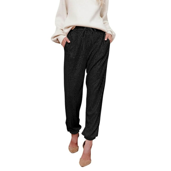 Charmgo Women's Glitter Sequin Pants High Waist Stretchy Club Shiny Trousers Elegant Jogging Pants With Drawstring Carnival Dance Party Glitter Pants Sparkly Pants for Women Black L