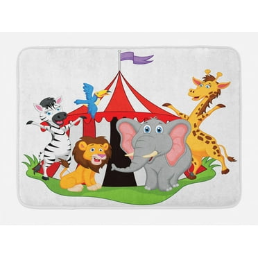 Circus Bath Mat, Performer Acrobat Animals in Circus Tent Happy Giraffe Elephant Joyful Art, Non-Slip Plush Mat Bathroom Kitchen Laundry Room Decor, 29.5 X 17.5 Inches, Red Green Yellow, Ambesonne