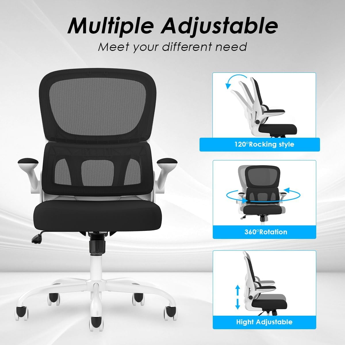 STARY Ergonomic Mesh Office Chair, Computer Chair with Lumbar Support and Flip-up Armrests, Comfy Desk Chair with PU Wheels for Home Office, White & Black