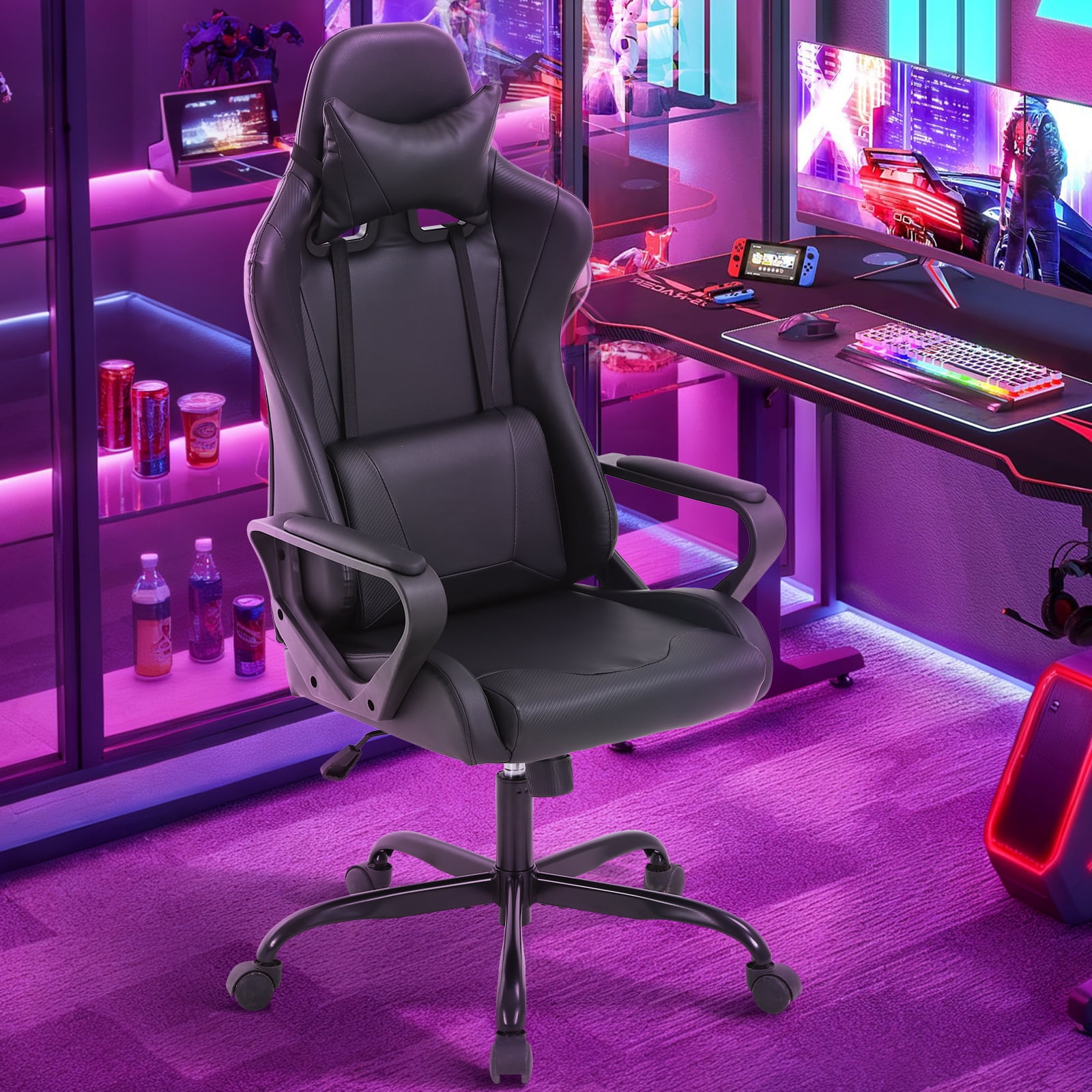 NiamVelo Racing Gaming Chair High-Back Office Chair Pu Leather Gamer Chair Ergonomic Computer Chair with Adjustable Lumbar Support & Headrest for Teens& Adults, Black