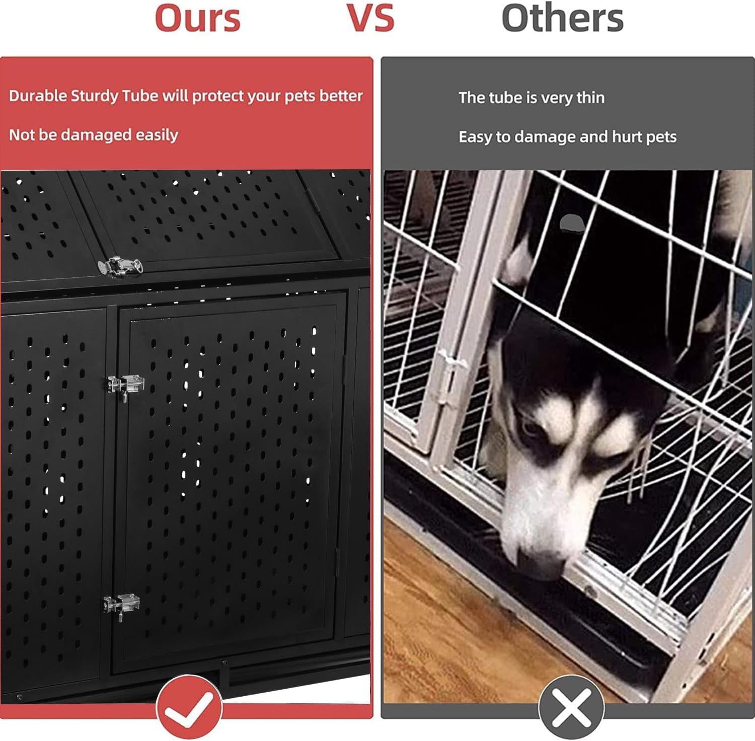 Ufyerutg 45'' Indestructible Heavy Duty Dog Crate, Escape Proof Strong Steel Impact Pet Cage for Large Medium Dogs, High Anxiety Sound Proof Chewproof Kennel Double Door with Trays and Wheels
