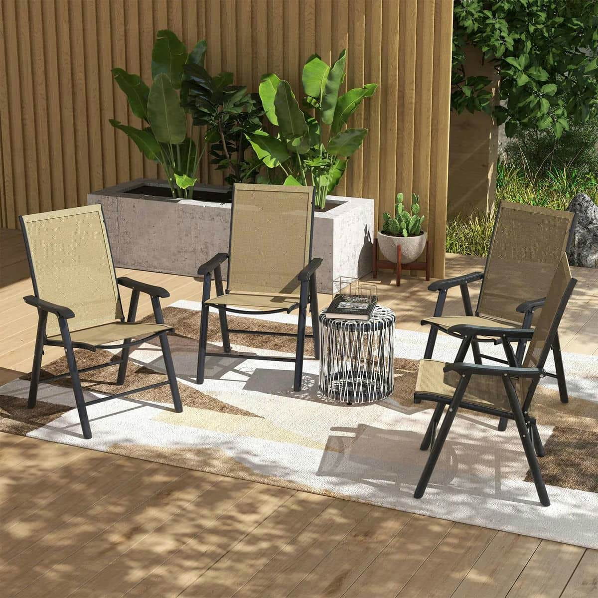 YYAo Folding Chair, Outdoor Lawn Chair,Set of 4 Outdoor Folding Chairs, Stackable Patio Dining Chairs with Armrests, Light Mixed Brown