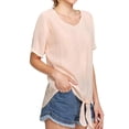 thumbnail image 4 of Women V Neck Knotted Front Short Sleeve Pure Color T-shirt, 4 of 6