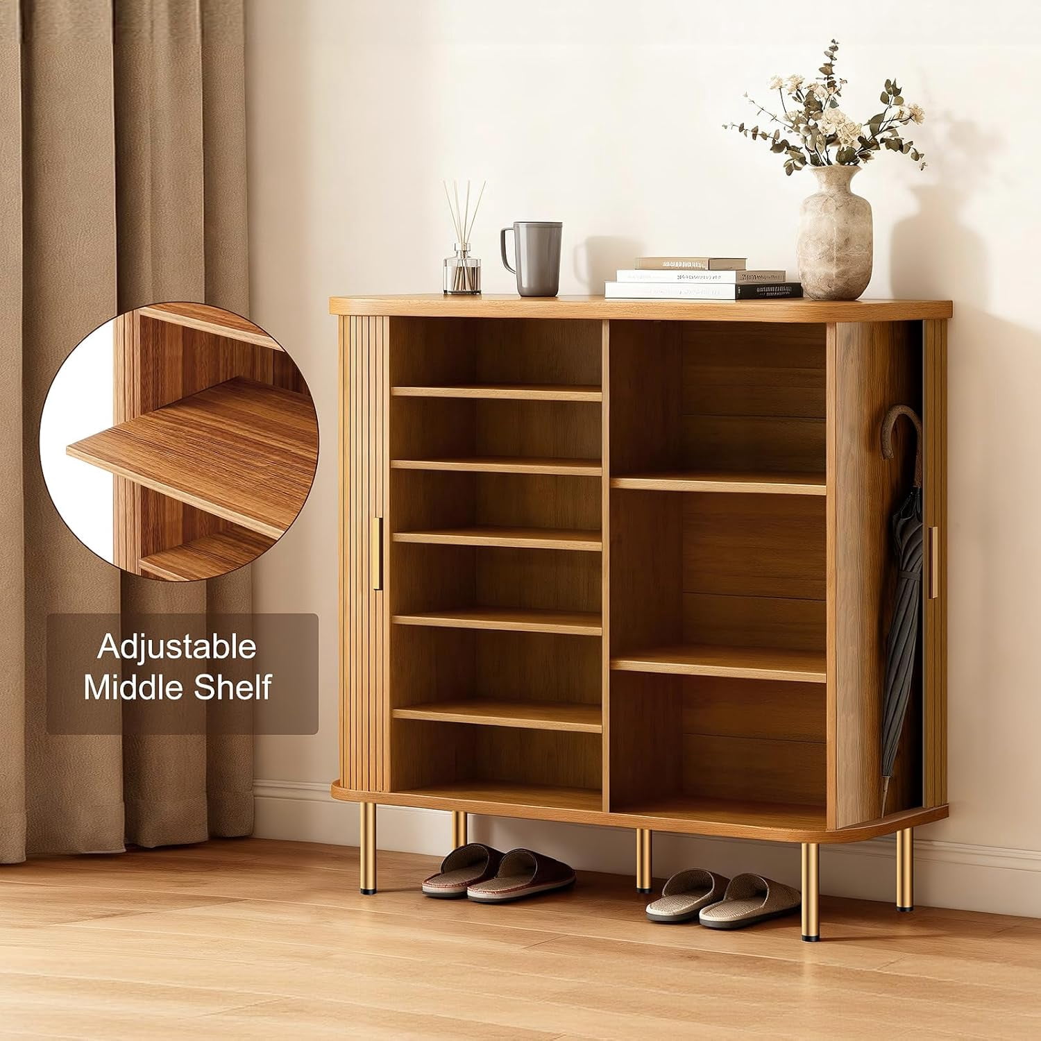 Shoe Storage Cabinet with Sliding Door, 6-Tier Shoe Cabinet with Adjustable Shelves, Mid-Century Modern Freestanding Shoe Storage Organizer for Entryway, Hallway, Living Room (Yellow)