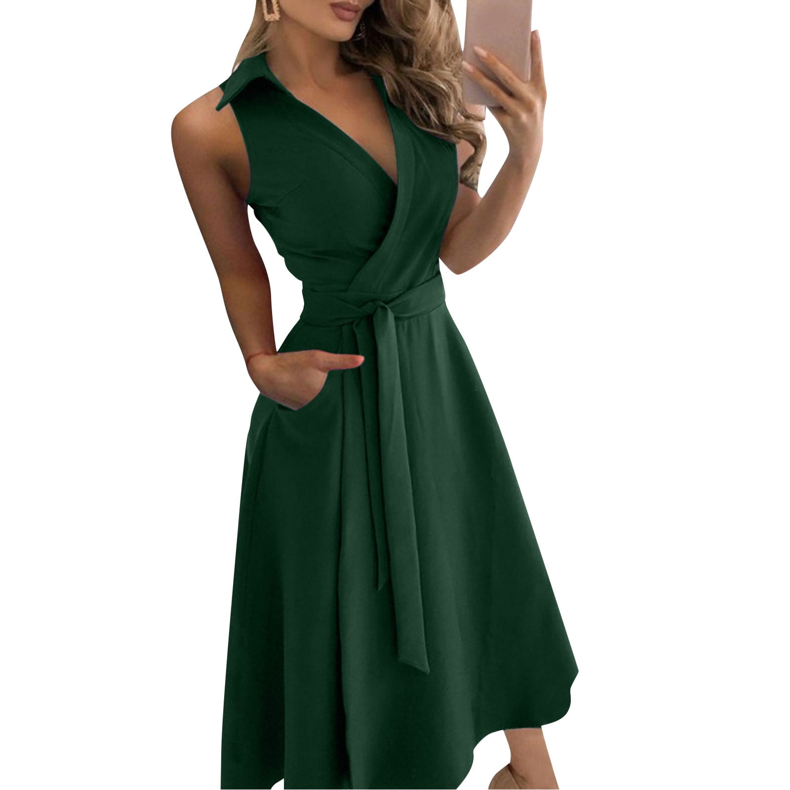 TOTO Mini Dresses For Women Fashion Pure Color V-Neck Sleeveless Lace Slim Body Wrap Hips Long Dress