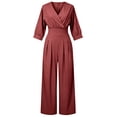 thumbnail image 5 of TEAJOPSUU Women's Jumpsuits 3/4 Sleeve V Neck Elastic Waist Wide Leg Jumpsuits with Pockets Loose Fit Waist Cinching Long Rompers Burgundy, 5 of 5
