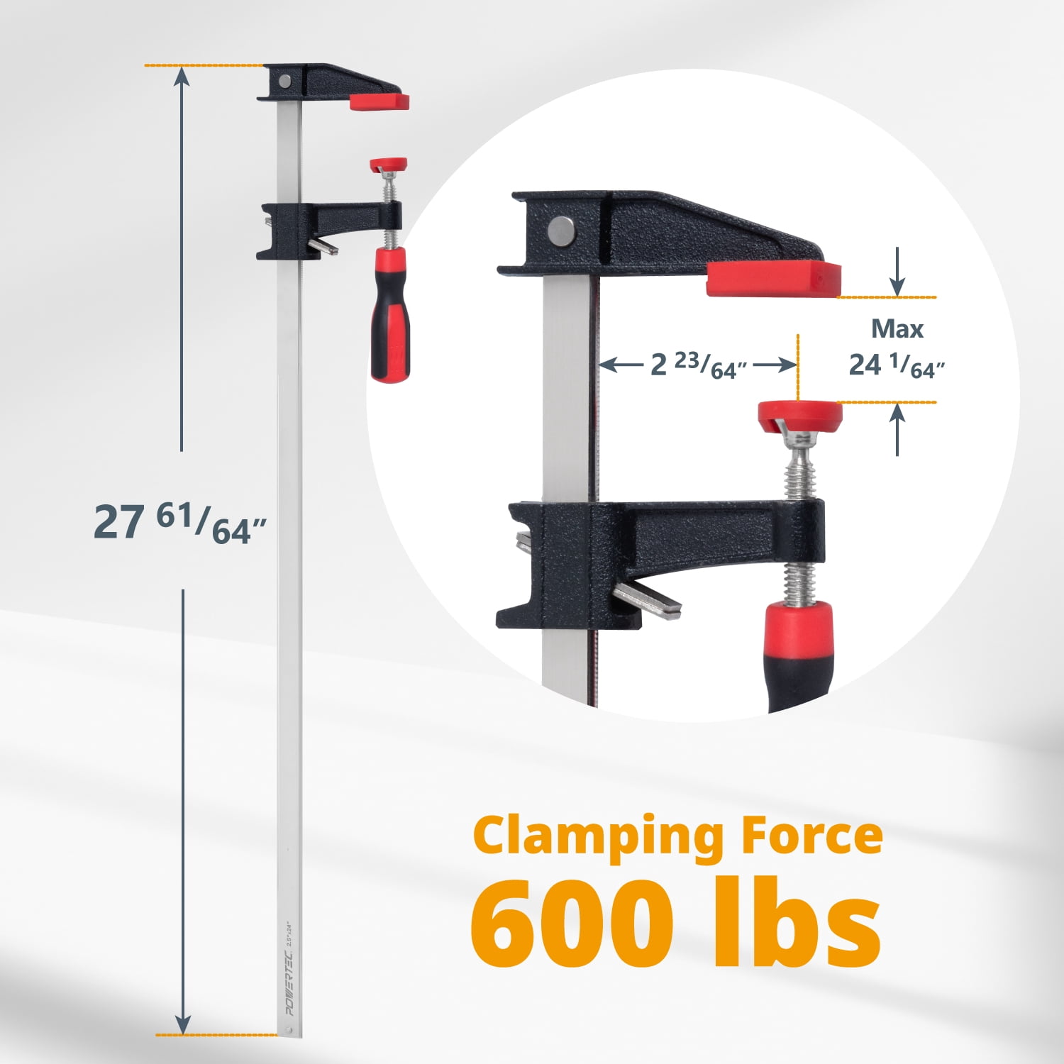 POWERTEC 2PK 24 inch Steel Bar Clamps w/ 600 lbs Loads Limit & 2-1/2" Throat, Quick Adjust & Release F Clamp with Micro-Adjustment Handle for Woodworking, Metalworking and DIY Projects (71919N)