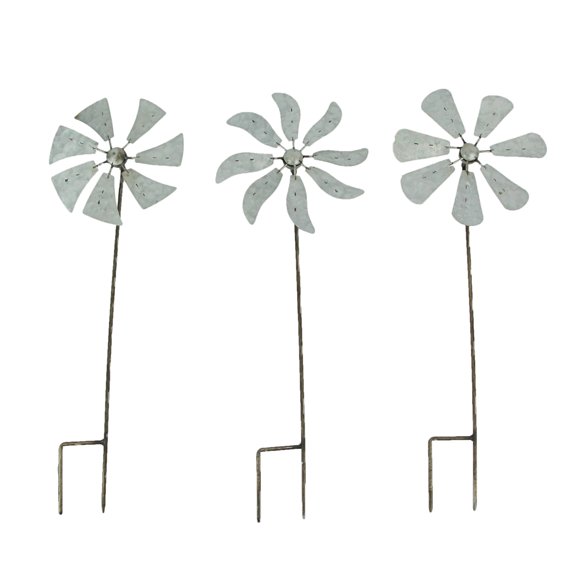 Set of 3 Galvanized Metal Kinetic Wind Spinners - Whimsical Pinwheel Garden Stakes, 21 Inches High, Outdoor Décor Delight - A Mesmerizing Wind-Powered Visual Spectacle