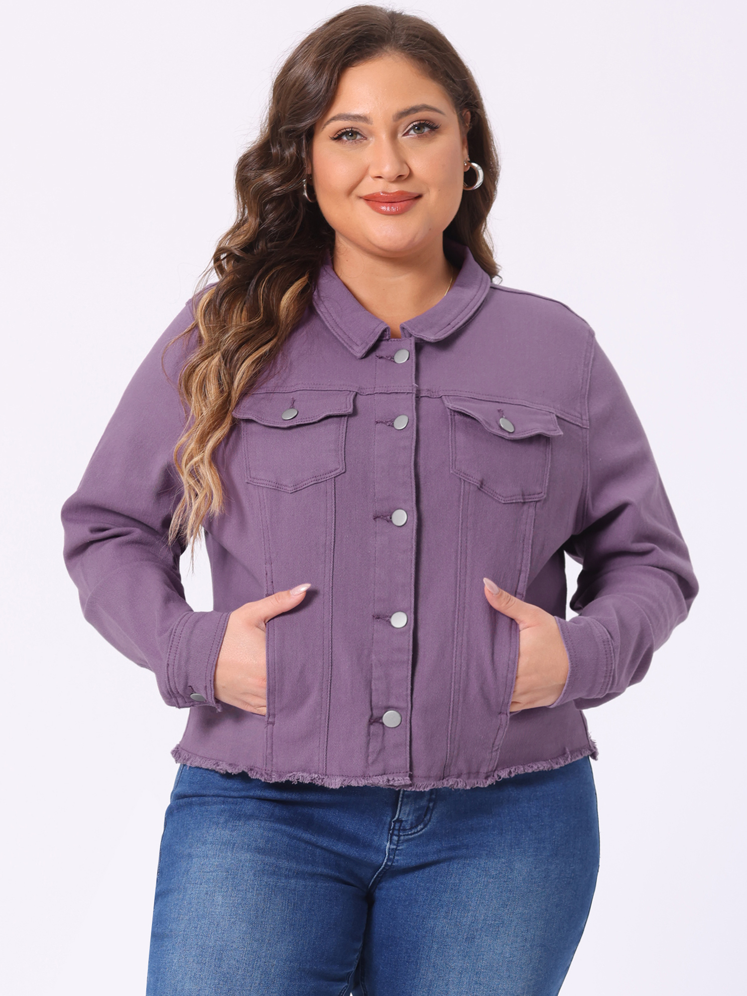 DARING DIVA Women's Plus Size Washed Front Frayed Classic Denim Jacket 2X Purple
