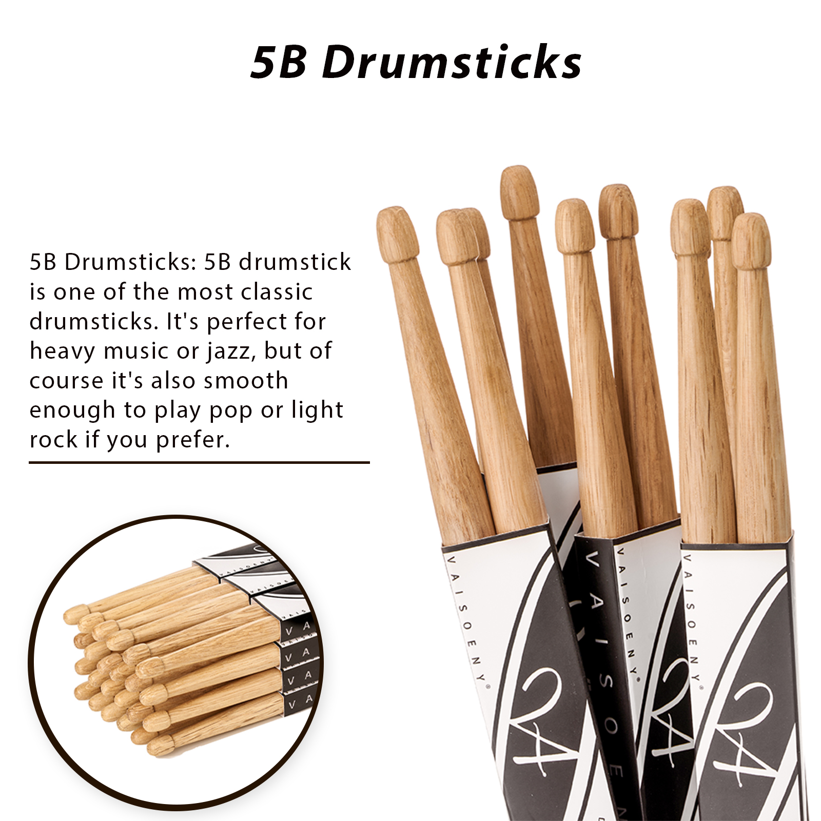 Vaisoeny Drum Sticks, 5B Drumsticks, Classic Oak Wood Drumsticks for Drums, Professional Musical Instrument Percussion Accessories&nbsp;(12 Pair)