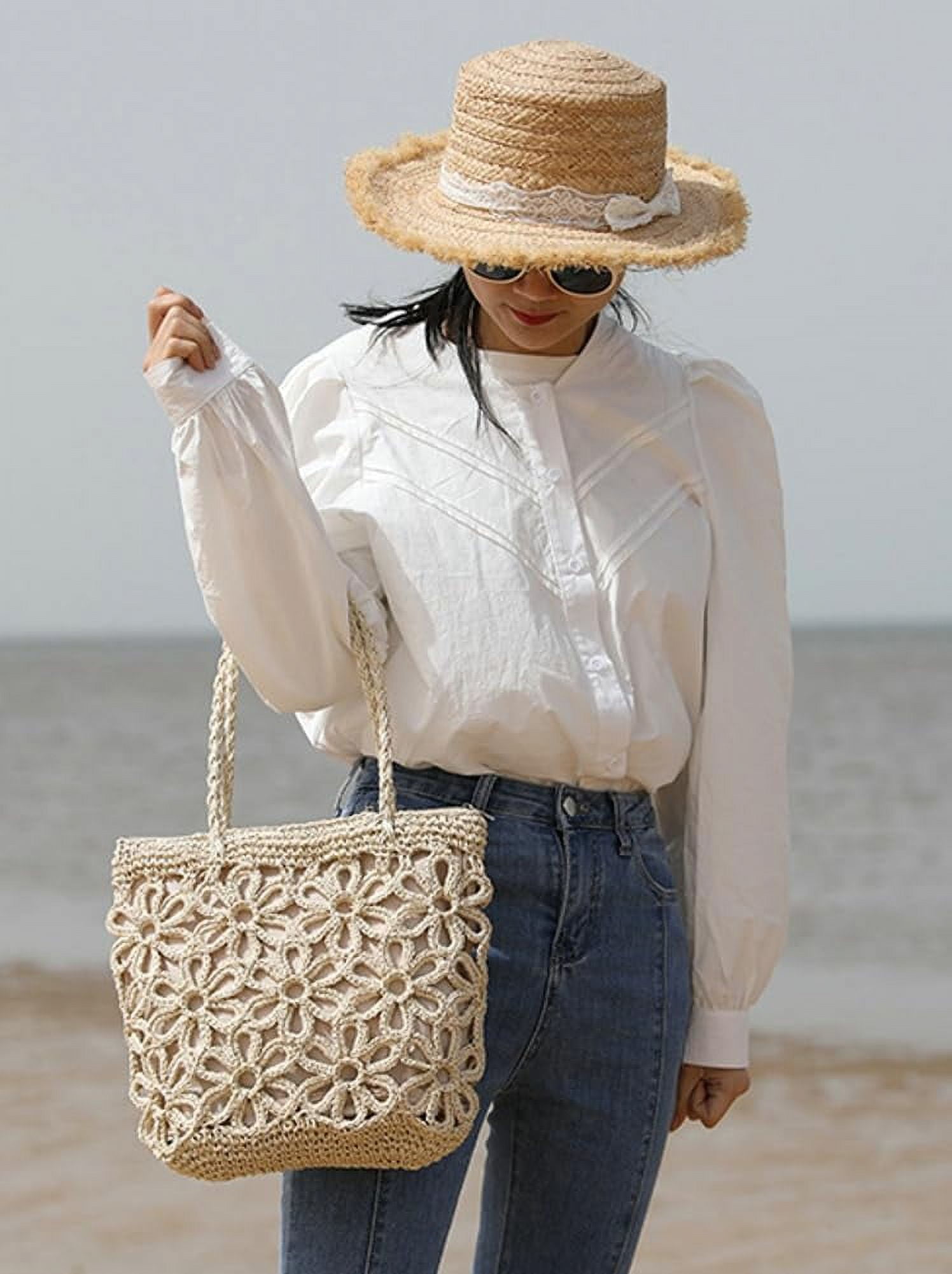 CoCoMangos Straw Woven Handbags for Women Hollow Shoulder Bag Large Flower Tote Purse Designer Top Handle Bag Beach Summer
