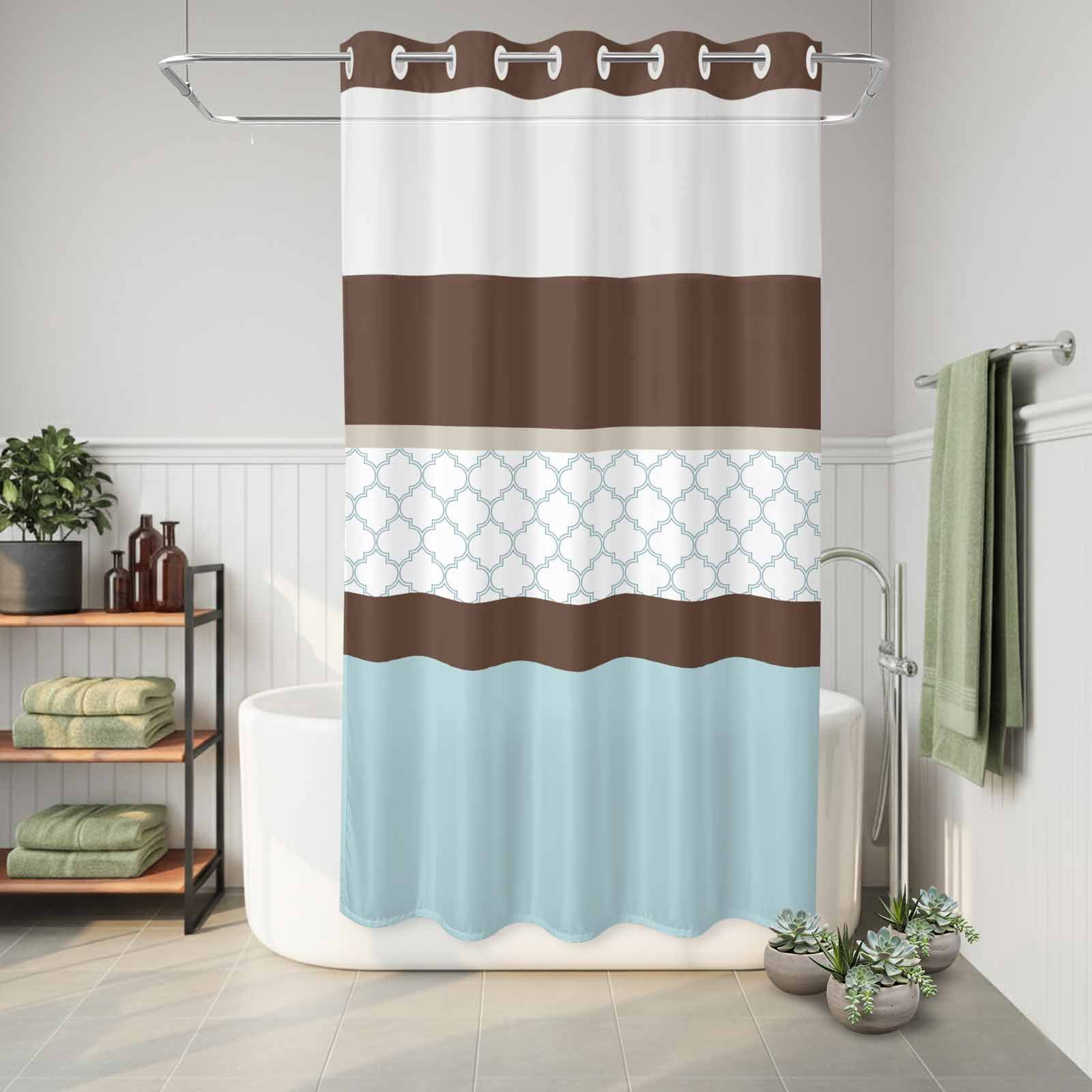 Small Stall No Hook Shower Curtains Blue Brown Morocco Waterproof Fabric Shower Curtain Set Geometric Stripes Aqua Stitching Bath Curtains for Bathroom Decor with See Through Top Window 36x72 Inch