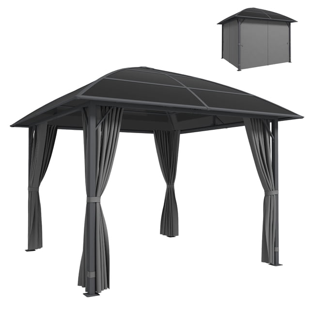 Outsunny Pavillon à Toit Rigide 10 Pieds x 10 Pieds avec Toit en Polycarbonate UV60+ et Rideaux