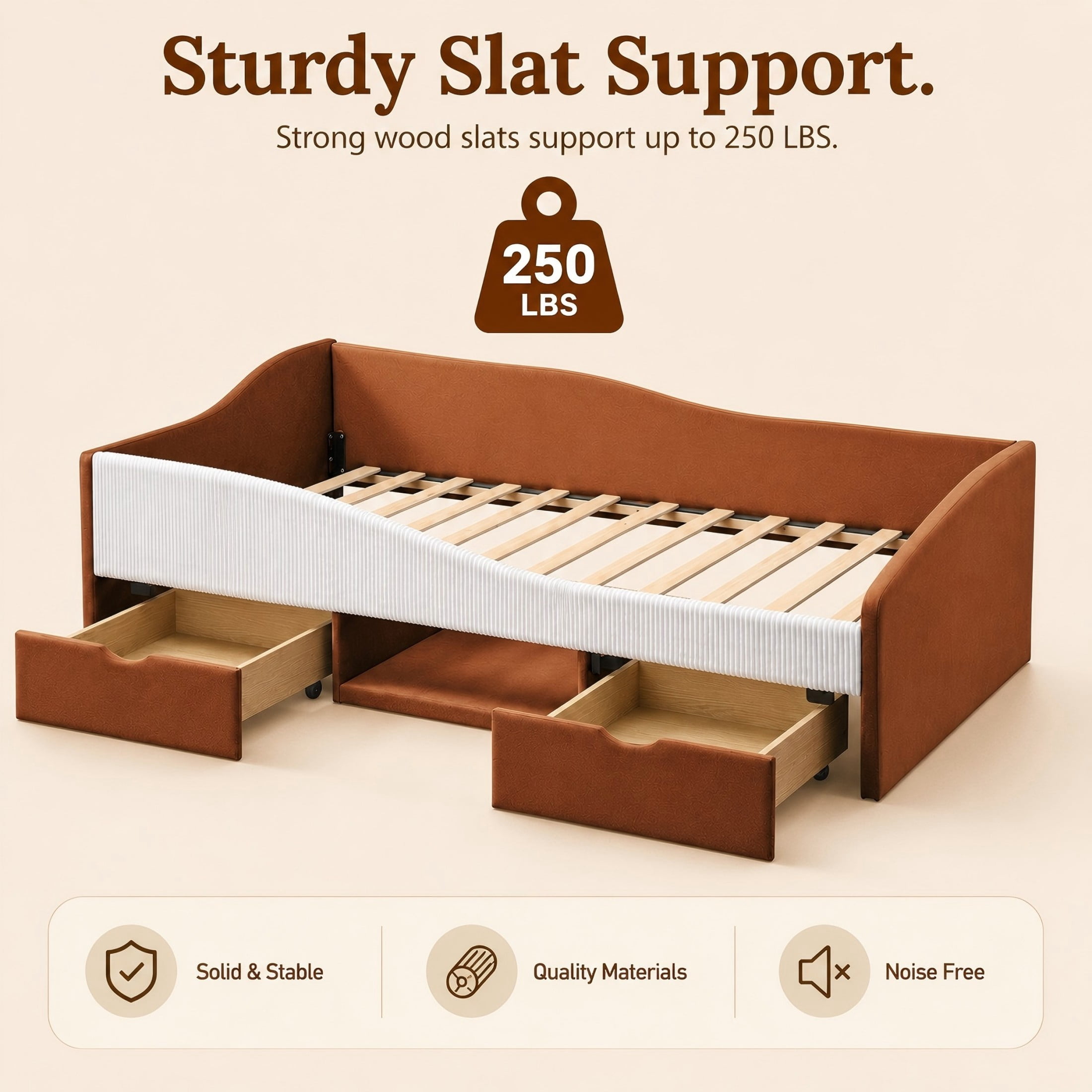 Aukfa Twin Size Upholstered Daybed with 2 Storage Drawers, Shelf and Curved Guardrails, Velvet Bed Frame, Brown