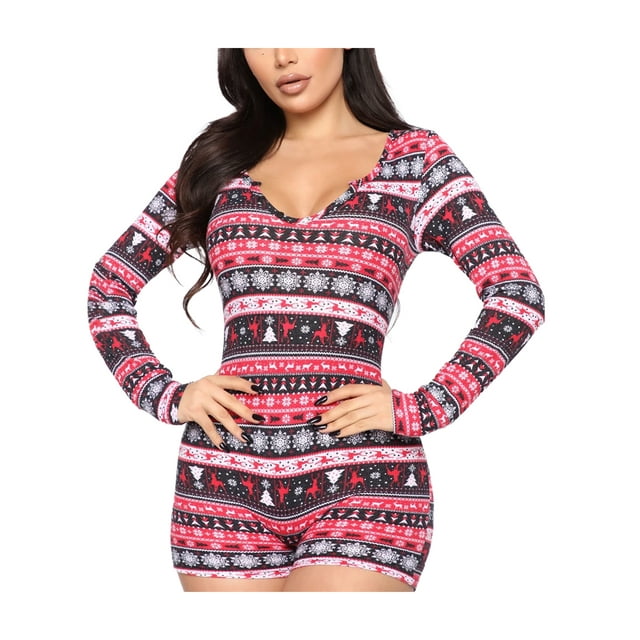 Xingqing Combinaison Courte Aguichant à Manches Longues pour Femmes, Boutonnée, Col en V, une Pièce, Pyjama, Fête, Boîte de Nuit, Noir Rouge P