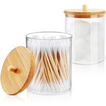 2 Pack Acrylic Holder Dispenser Bathroom Jars with Bamboo Lids, Cotton Ball Pad Round Swab Holder for Bathroom Accessories Storage Organizer