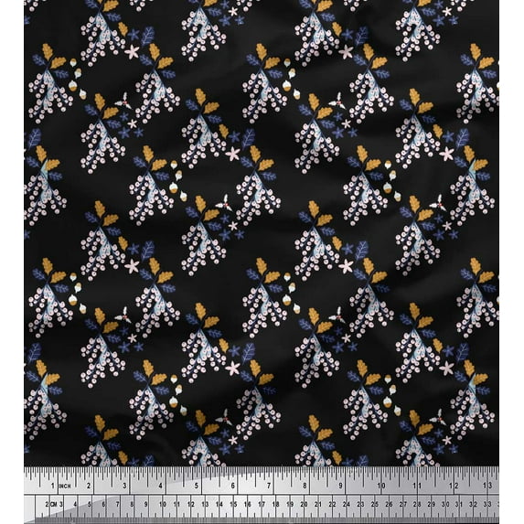 Soimoi Black polyester Crepe Fabric Oak Leave & Berries Fruits Print Fabric by Yard 42 Inch Wide