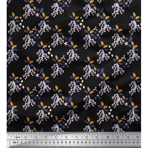 Soimoi Black Silk Fabric Oak Leave & Berries Fruits Print Sewing Fabric Yard 42 Inch Wide
