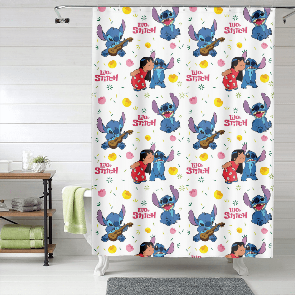 Lilo & Stitch Shower Curtain Set Cartoon Bathroom Decor Curtain with 12