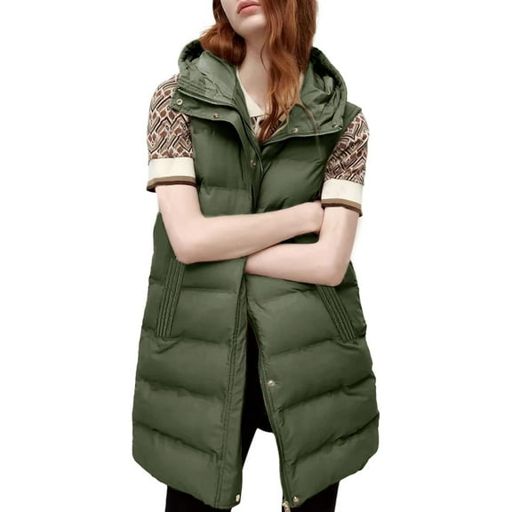Womens Long Puffer Vest Sleeveless Coats Quilted Vests Outerwear Jackets with Hood
